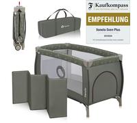 LIONELO Sven 2in1 Box bambini dalla nascita fino 15kg Lettino pieghevole con Fasciatoio baldacchino Giocattoli Pendenti Ingresso laterale aggiuntivo LockGuard (Lettino Rettangolare, Oliva Beige)