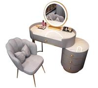Set Comò e Sgabello con Specchio Illuminato a LED a 3 Colori, Regolabile per una Diversa Luminosità, con Armadietti Laterali e Cassetti Aperti, Comò Rosa per la Camera da Letto.