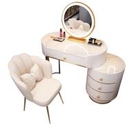 Set Comò e Sgabello con Specchio Illuminato a LED a 3 Colori, Regolabile per una Diversa Luminosità, con Armadietti Laterali e Cassetti Aperti, Comò Bianco per la Camera da Letto.