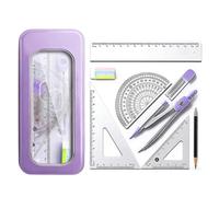 Set Compasso e Squadre in Metallo, per Scuola e Ufficio con Astuccio Portatile - 8 Pezzi Kit Geometria Completo (Riga, Squadre, Goniometro, Compasso, Minimo), Viola