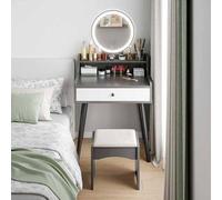 Set compatto per trucco con specchio e sgabello, tavolo da toeletta regolabile con 3 modalità di illuminazione, cassetto da 50 cm, mini scrivania per trucco per camera da letto per ragazze