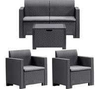 Set Completo 2 Poltrone Plastica da Giardino Esterni Sedie Tavolino Contenitore