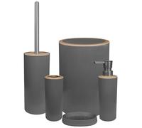 Set Completo Accessori Bagno 5 Pezzi Design Moderno In Plastica Incluso Cestino Pattumiera,Dispenser Sapone Portascopino Con Scopino Incluso ,PortaSaponetta,Porta Spazzolini - Grigio