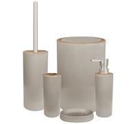 Set Completo Accessori Bagno 5 Pezzi Design Moderno In Plastica Incluso Cestino Pattumiera,Dispenser Sapone Portascopino Con Scopino Incluso,PortaSaponetta,Porta Spazzolini - Beige