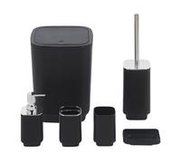 Set Completo Accessori Bagno 6 Pezzi Design Moderno In Plastica Resistente Con Finiture Lucide Incluso Cestino Pattumiera,Dispenser Sapone, PortaSaponetta, Porta Spazzolini, Portascopino - Nero