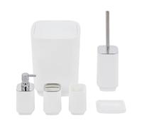 Set Completo Accessori Bagno 6 Pezzi Design Moderno In Plastica Resistente Con Finiture Lucide Incluso Cestino Pattumiera,Dispenser Sapone, PortaSaponetta, Porta Spazzolini, Portascopino - Bianco