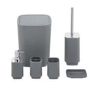Set Completo Accessori Bagno 6 Pezzi Design Moderno In Plastica Resistente Con Finiture Lucide Incluso Cestino Pattumiera,Dispenser Sapone, PortaSaponetta, Porta Spazzolini, Portascopino - Grigio