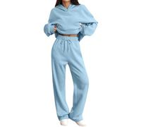 Set completo da donna in due pezzi, felpa oversize a maniche lunghe e coulisse pantaloni a gamba larga, con cappuccio e pantaloni della tuta, set tinta unita da donna per palestra e sport, S-3XL, blu