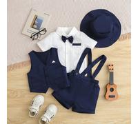Set completo da gentiluomo per bambino, blu navy, senza, 4 pezzi per il ritorno a scuola: camicia bianca, papillon, gilet, pantaloncini con bretelle e cappello per compleanno, matrimonio, battesimo, a
