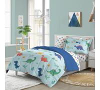 Set completo da letto Dream Factory Kids, 5 pezzi, in microfibra super morbida e facile da lavare, per letto singolo, blu, motivo: dinosauro dolc