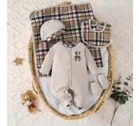 Set completo da neonato a 4 pezzi con pigiama a maniche lunghe, bavaglino, cappellino e guanti, semplice e alla moda, di colore bianco 6-9M,0-1M,1-3M,3-6MTessuto