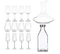 Set Completo di calici vino e fluit bicchieri acqua con decanter e bottiglia per una Tavola elegante 4 persone posti tavola 14 Pezzi in Vetro Design Modernoper Cena, Festa, Ricevimenti