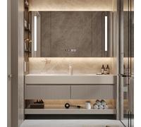 Set completo di mobili da bagno con specchio LED, mobile da bagno beige con lavandino, soluzioni di archiviazione da 140 cm, arredamento per il bagno elegante e funzionale