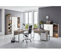 Set completo di mobili per ufficio/studio Office Edition con parete attrezzata, contenitore rotondo, scrivania come set o singolarmente in rovere Sonoma/bianco opaco (set 5)