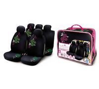Set Completo Fodere Auto universali FLOWER SWIVEL Nero Ricamo Fiore Verde/Viola