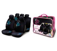 Set Completo Fodere Auto universali MY FLOWER SWIVEL Nero Ricamo Fiore Azzurro