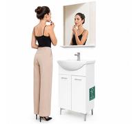Set Completo Mobile da Bagno da Terra 55 cm Due Ante Bianco Specchio e Accessori