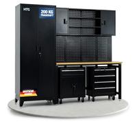 Set completo NTG XL per parete da officina 210 cm - Banco da lavoro con elementi a carrello e parete forata - Arredamento modulare per officina con armadietti portautensili