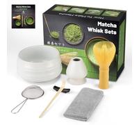Set completo per cerimonia del tè giapponese Matcha, composto da 7 pezzi: frusta per matcha in resina gialla, set di fruste per matcha, scatola di matcha per cerimonia del tè (bianco opaco, resina)