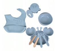 Set completo per l'alimentazione in silicone di alta qualità da 10 pezzi con potente base a ventosa: piatto con grazioso design a granchio, ciotola, bicchiere per l'addestramento, bavaglino morbido e