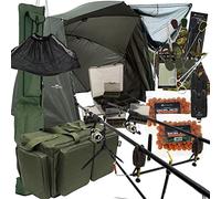 Set Completo per Pesca alla Carpa 3pz Canne da 3,66 m e Mulinelli, Segnalatori di Acchiappi, Rete, Poggia Canna, Borsa Porta Canne, Borsa da Trasporto, Ombrello e Attrezzatura (Set con 2 Canne)