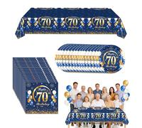 Set Completo Stoviglie per Compleanno 70 Anni, 16 Pezzi, Piatti, Tovaglia, Tovaglioli, Decorazioni Festa Uomo Donna, Blu e Oro