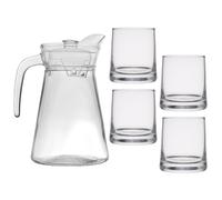 Set composto da caraffa da 1,5 litri e 4 bicchieri da 275 ml.