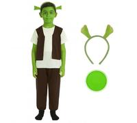 Set composto da giubbotto e orecchie con licenza ufficiale Shrek per bambini + pittura per il viso verde + costume da ragazzo Tudor marrone per travestimento completo TV e film. Taglia: 4-6 anni