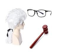 Set composto da parrucca e martelletto da giudice, 2 pezzi, parrucca bianca da avvocato con mini martelletto in legno, set cosplay per Halloween, giochi di ruolo, feste a tema, accessori cosplay