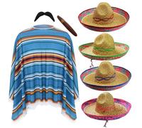 Set composto da poncho messicano unisex e cappello sombrero rosso, poncho multicolore, cappello di paglia, baffi finti e sigari, costume divertente per festival, feste, feste e addii al celibato