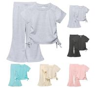 Set composto da top e pantaloni lunghi a zampa larga, in cotone elasticizzato, tinta unita, morbidi, a tinta unita, con camicia a maniche corte e pantaloni lunghi a zampa, 2 pezzi, abbigliamento