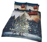 Set comprensivo di Copripiumino per Letto Matrimoniale e 2 federe, Fantasia con Albero di Natale, Slitta e Babbo Natale, Multicolore