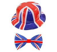 Set con cappello a bombetta e papillon Union Jack, confezione da 6, classico cappello a bombetta in plastica con bandiera britannica e papillon abbinato, accessorio patriottico per incoronazione del