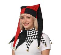 Set con cappello e colletto, motivo arlecchino a diamante, nero e bianco, rosso e nero, accessori per costume da giullare medievale (rosso e nero)