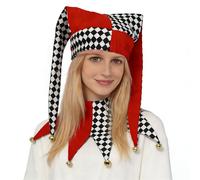 Set con cappello e colletto, motivo arlecchino a rombi, bianco e nero, rosso e nero, accessori per costume da giullare medievale (rosso, nero e bianco)