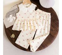 Set con colletto a fiocco bianco per ragazze, base bianca con stampa a fiocchi rossi, design elegante del colletto, top a maniche lunghe + pantaloni, adatto per la scuola in primavera/autunno, raduni 