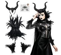 Set con colletto a piume, nero, gotico, gotico, con piume | con polsini con piume, cerchietto con corna da diavolo e adesivi per il viso con strass, costume gotico per Halloween