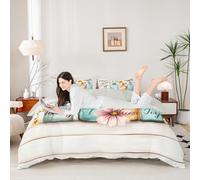 Set con copripiumino floreale primaverile, per letto super king size, stile fattoria, strisce in legno, set di biancheria da letto per donne, acquerello, farfalle, fiori, set copripiumino per bambini