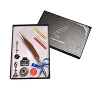Set con penna a piuma retrò con piuma d'oca, calligrafia, timbro per calligrafia, kit di timbri con asta, punte di ricambio, bastoncini di ceralacca, cucchiaio, bottiglia di penna in metallo