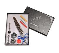 Set con penna a piuma retrò con piuma d'oca, calligrafia, timbro per calligrafia, kit di timbri con asta, punte di ricambio, bastoncini di ceralacca, cucchiaio, bottiglia di penna in metallo