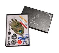 Set con penna a piuma retrò con piuma d'oca, calligrafia, timbro per calligrafia, kit di timbri con asta, punte di ricambio, bastoncini di ceralacca, cucchiaio, bottiglia di penna in metallo