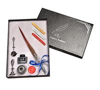 Set con penna a piuma retrò con piuma d'oca, calligrafia, timbro per calligrafia, kit di timbri con asta, punte di ricambio, bastoncini di ceralacca, cucchiaio, bottiglia di penna in metallo