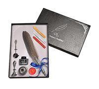 Set con penna a piuma retrò con piuma d'oca, calligrafia, timbro per calligrafia, kit di timbri con asta, punte di ricambio, bastoncini di ceralacca, cucchiaio, bottiglia di penna in metallo