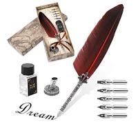 Penna a Piuma, Penna d'oca Fatta a Mano Antica in Piuma d'oca e Set, Penna Stilografica Piuma per Scrittura Inglese, di Cancelleria Vintage con Base Pennino (Rosso)