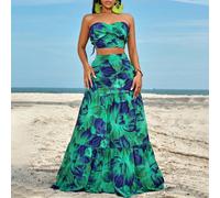 Set con top a fascia con pieghe laterali intrecciate e gonna con spacco e volant sull'orlo L,M,S,XL,XS,XXLTropicale,Piante,stampa dappertuttoTessuto