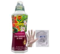 SET: Concime NUTRIMENTO Con SANGUE DI BUE Più Ferro. Per Tutte Le Piante Ornamentali, Orticole e Da Frutto 1000ml + 100pz Guanti HDPE Monouso