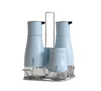 Set Condimento 4 Pezzi Olio Aceto Sale Pepe Vetro Acciaio Certificato Per Alimenti Organizzatore Acciaio Inox Con Stand In Metallo Condimenti Tavola Oliera Saliera - Azzurro
