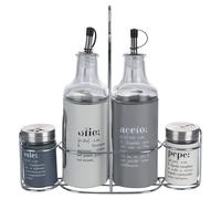 Villa d'Este Home Tivoli Set condimento olio, aceto, sale e pepe in vetro e acciaio inox, stand in acciaio, grigio, Victionary
