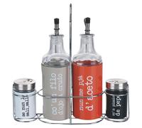 Set condimento olio, aceto, sale e pepe in vetro e acciaio inox, stand in ferro, S.P.Q.eRe