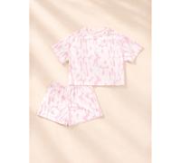 Set coordinato da ragazza con maglietta girocollo oversize e mini shorts con stampa a bolle di lettere groovy su tutto il capo 6Y,7Y,4Y,5YGraficoPoliestere